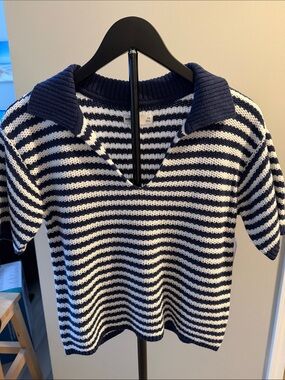 Sonoma Navy and White Striped V-Neck Collared Sweater